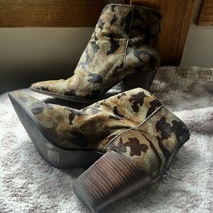 Camo colored calf hair booties
